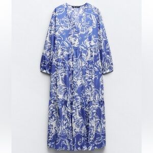 Zara Printed Tier Dress - Blue - Size XXL